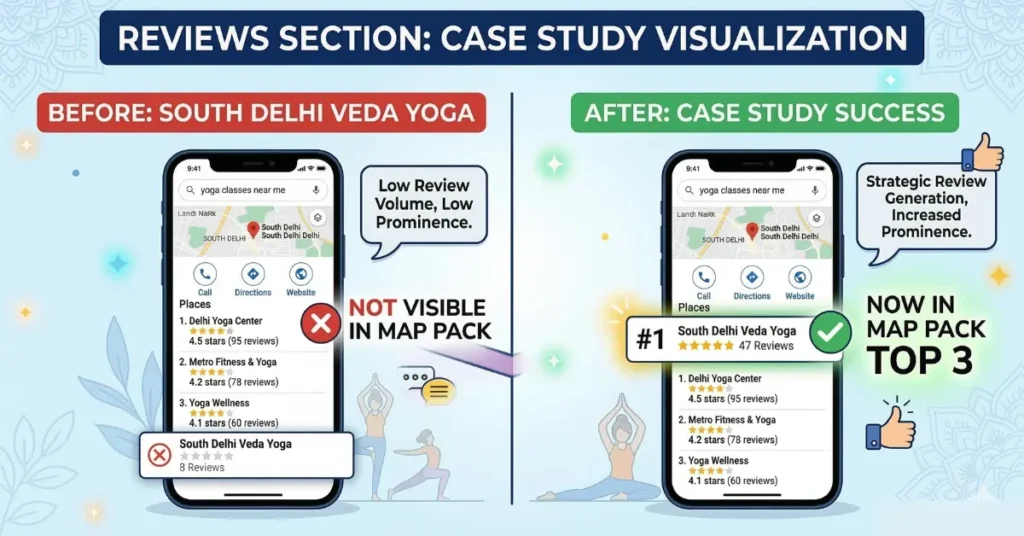Yoga studio Google Maps ranking before and after local SEO — 8 reviews to 47 reviews, moved to top 3 Map Pack in South Delhi