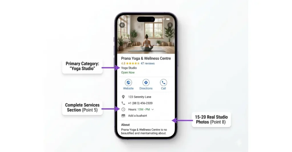 Google Business Profile optimization checklist for yoga studio — category, services, photos and weekly posts
