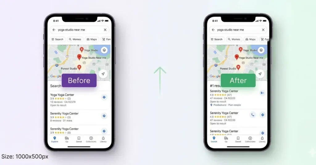 Google Maps ranking improvement for yoga studio after review generation — before 8 reviews and after 49 reviews