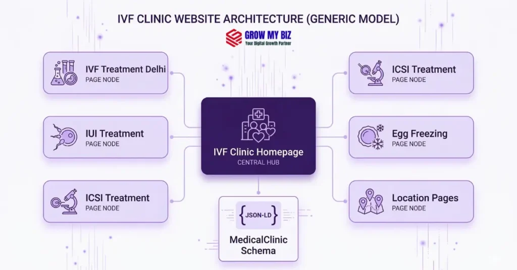 IVF clinic website SEO structure — dedicated pages for IVF, IUI, ICSI, egg freezing and location pages