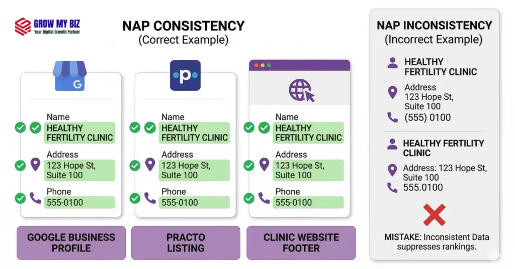 NAP consistency for IVF clinic local SEO — identical name, address and phone across Google, Practo and website