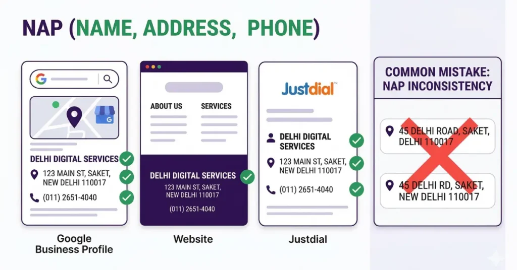 NAP consistency for yoga studio local SEO — same name, address and phone number across Google, JustDial and website