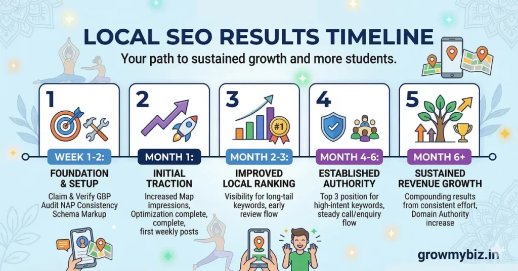 Local SEO timeline for yoga studio — expected results from week 1 to month 6 and beyond