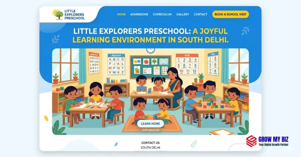 Example preschool website homepage with SEO-optimised title and clear admissions call to action