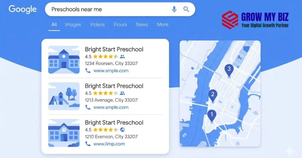 Google Maps local pack showing preschool listings – how to rank in the map pack for preschool near me searches