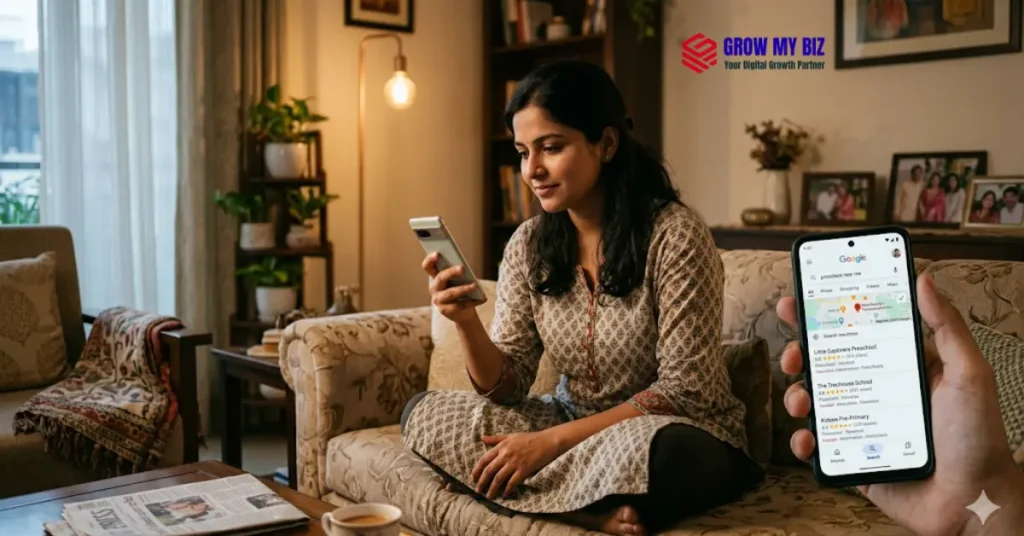Indian parent searching for preschool near me on Google – local SEO for play schools