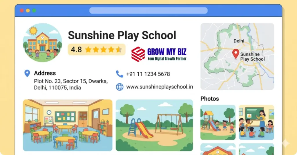 Optimised Google Business Profile for a preschool in India showing complete listing with photos and reviews