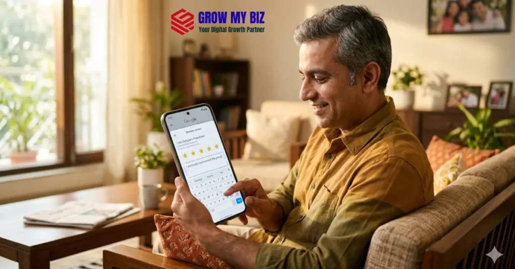 Parent leaving a Google review for a preschool – how to get more reviews for play school Google Business Profile