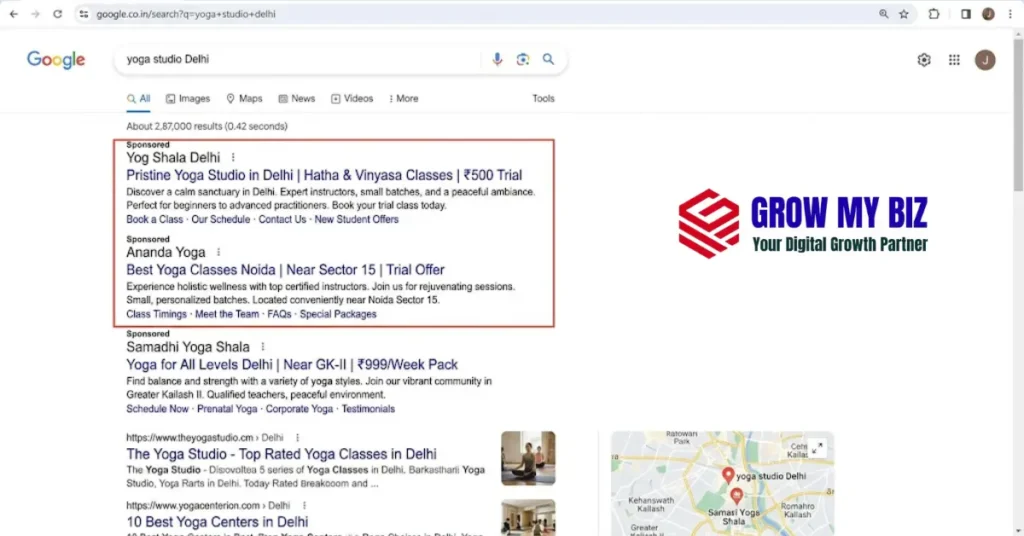 Google Ads copy example for yoga studio India — headline formula with locality and offer