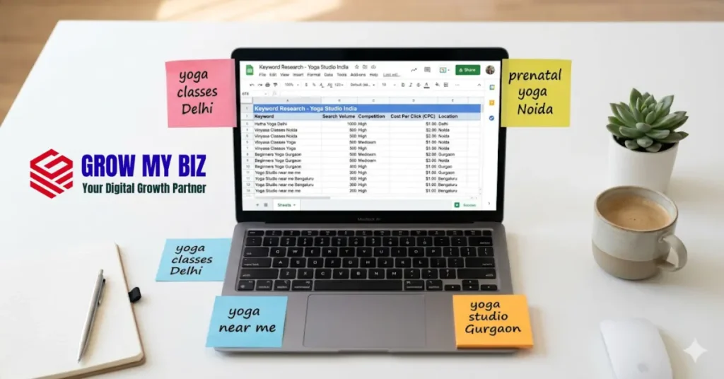 Google Ads keyword research for yoga studio — exact match and phrase match keywords
