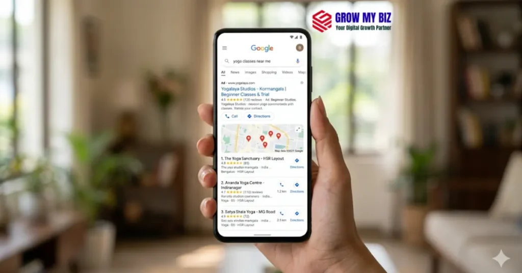 Yoga classes near me Google search result on mobile — local ads for yoga studio
