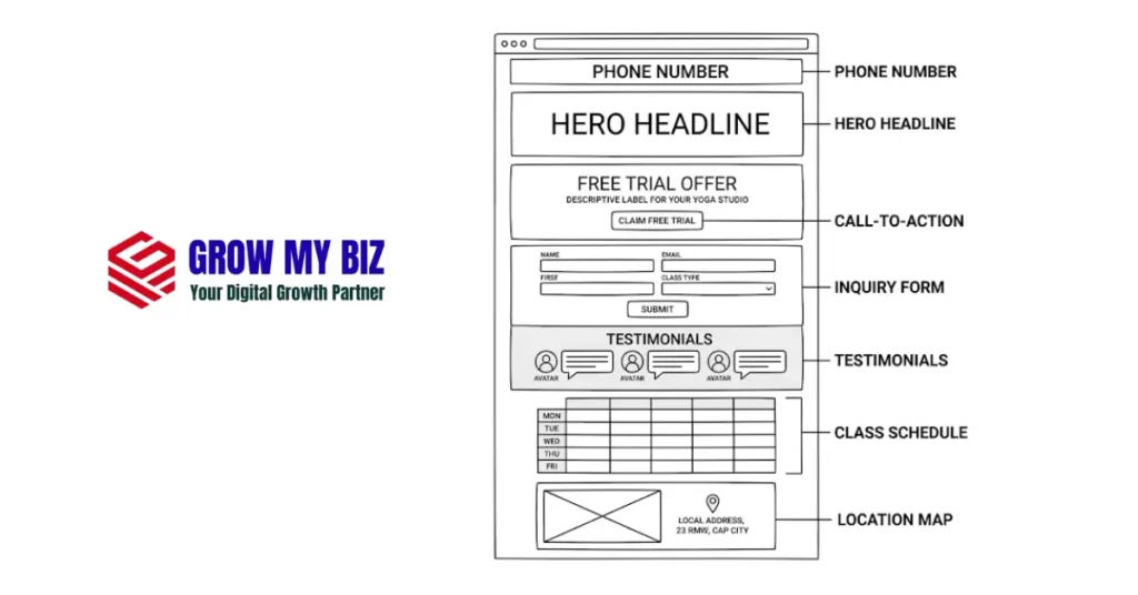 Ideal landing page layout for yoga studio Google Ads — conversion-focused design